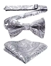 Bow Ties for Men Paisley Floral Pre-tied Bowtie Pocket Square Set B-gray 1