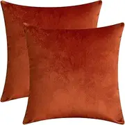 Rythome Set of 2 Comfortable Velvet Throw Pillow Cases Decorative Solid Cushion Covers for Sofa Couch and Bed - 18"x18", Rust