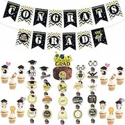 JIEYUMAO 39Pcs Graduation Cake Topper, Black Gold Grad Cake Decor with Graduation Banner, Grad Cap Diploma Cupcake Picks Graduation Cupcake Toppers for Graduations Party Decorations