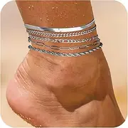 [PINCHUAN] 5pcs Silver Anklets for Women Ankle Bracelets set Silver Stainless Steel Anklet Adjustable Women's anklets silver Stackable Figaro Beaded Cuban Link Anklets Beach Jewelry for Women