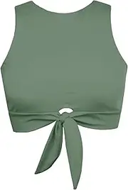 [Balasami] Women's Cut Out Tie Knot Front Scoop High Neck Tank Crop Top Bikini Swimsuit Top Only