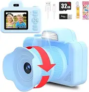 Kids Camera Children Digital Camera Music Boys Toy Camera 3 4 5 6 7 8 Years 12MP 1080P HD Child Video Camera with MP3, Rotatable Lens, 4X Zoom, Selfies, Flash, 2” IPS, 32G SD Card - Blue