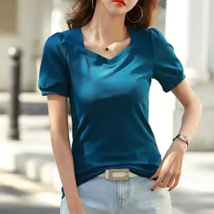 【MsMore】復古方領泡泡短袖T恤修身荷葉邊設計感純色短版上衣 #116858(4色)