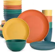 Orange Yellow Green Blue Wheat Straw Dinnerware Sets, 32PCS Plastic dinnerware Set for 8,