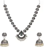 [Efulgenz] Indian Jewelry Sets Oxidized Choker Necklace Earrings Set Indian Oxidized Jewelry Antique Boho Green Crystal Faux Pearl Floral Pendant Necklace Jhumka Dangle Earrings Bohemian Statement