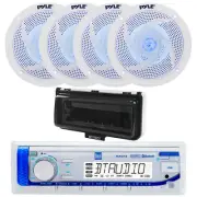 Marine Bluetooth Radio, 4x 5.25" 180W Blue Flashing LED Speakers, Cover (White)