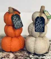 Fall Fest Pumpkin Decor Burlap Fabric 3 Stacked Thanksgiving Table Halloween NWT