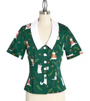 ModCloth Collectifs Varvara Kitty Kat Christmas Button Up Blouse Size 26 NWTs