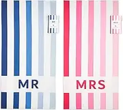 Mr and Mrs Beach Towels Set of 2 – Microfiber His and Hers Beach Towels. Just Married Beach Towels for Honeymoon Gift. Groom and Bride Beach Towel in Blue and Pink.