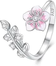 [DOYIS] Pink Cherry Blossoms Open Adjustable Ring 925 Sterling Silver Hypoallergenic CZ Wedding Rings Promise Love Statement Flower Jewelry for Women Bff