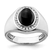 Solid 14k White Gold Oval Simulated Onyx and CZ Mens Ring
