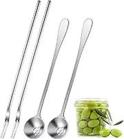 Didaey 4 Pcs Pickle Fork and Olive Spoon Strainer Set Stainless Steel Long Handle Pick Jar Serving Spoon with Drain Hole Prong for Onion Cucumber Arugula(Classic Style)