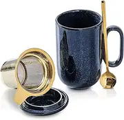 [vicrays] Ceramic Tea Cup Mug Infuser - Large 16 oz Hot Loose Steeping Handle Teacup with Leaf Spoon Lid Blue Tall Glazed Strainer Coffee Microwave Safe