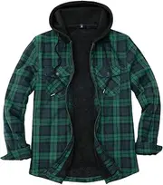 [ZENTHACE] Men's Sherpa Lined Full Zip Hooded Plaid Shirt Jacket