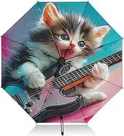 [PDZRMY] UV Protection Travel Umbrella Cat Guitar Funny Compact for Rain and Sun - Auto Open and Close UPF 50+ Windproof Portable 46” Sun Umbrella for Women and Men