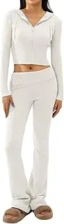 [Passec] Y2k Knit 2 Piece Outfit Zip Up Long Sleeve Hooded Crop Sweater Skinny Pants Tracksuit Lounge Sets