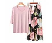 Amoretu 2 Pack Womens Pajama Set Print Sleepwear Soft V-Neck Short Sleeve Top With Pants-3