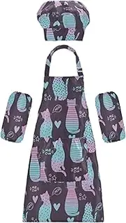 AIXIWAWA Kids Apron Chef Hat Set, Child Kitchen Bib Aprons Adjustable for Cooking Baking Painting (Neon Cats)
