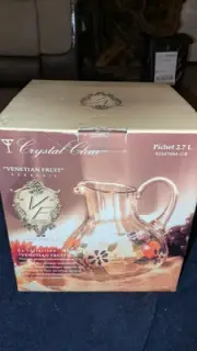 Crystal Clear Venetian Fruit Pitcher Trimmed in 22K Gold w/Box 2.7 Liter 90 Oz