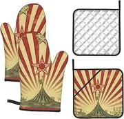 4 pcs Oven Mitts and Pot Holders Set 500°F Heat Resistant Oven Gloves and Hot Pads Kitchen Mittens Vintage Circus Background Cooking Gloves Potholders for Baking Grilling