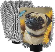 XYMZR Absorbent Microfiber Car Wash Mitt Pug Dog Sunflower Cute, Funny Cute Anime Scratch Free for Cars Cleaning, Home Cleaning Mitts, 2 Pack, 10.24” L x 7.09” W
