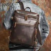 在飛比找蝦皮商城精選優惠-NASVA真皮復古男士背包，瘋馬皮頭層牛皮後背包，時尚旅行必