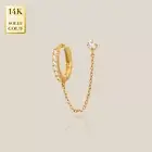14K REAL Solid Gold Cubic Zirconia Hoop with Stud Chain Earring Upper Earlobe