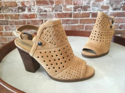Marc Fisher Camel Brown Perforated Suede Peep-toe Casha Block Heel Bootie NEW