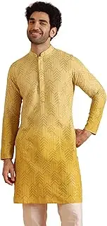 KISAH Men's Kurta, Yellow Cotton Blend, Geometric Regular Fit Mandarin Collar Long Sleeves