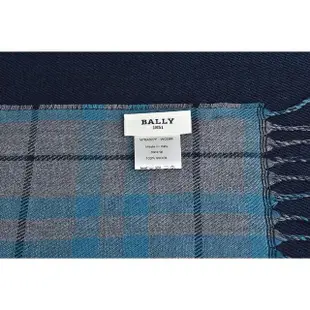 【BALLY】BALLY標籤LOGO格紋緹花搭流蘇設計羊毛圍巾(深藍x多色)