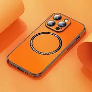 Magnetic Wireless Charging Leather Phone Case for iPhone 14 13 12 11 Pro Max with Lens Protection Cellphone Cover Shell,Orange,for iPhone 13Pro Max