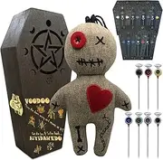 Ayidawedo Authentic LOA Voodoo Doll, Stress Relief Spell Cards, Gag Gift Pins in Wooden Coffin Box - Complete Set, Brown