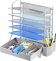SimpleHouseware Desk Organiser with 6 Document Tray and Sliding Drawer, Silver