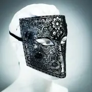 Mens Metal Bauta Venetian Laser-Cut Filigree Metal Masquerade Mask [Black]