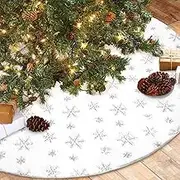 Christmas Tree Skirt 48 Inch Luxury Faux Fur Tree Skirt Mat with Sequin Snowflakes Large Super Soft Thick Plush for Xmas Tree Decoration Xmas New Year Home Party Decor Indoor (Silver Snowflake)
