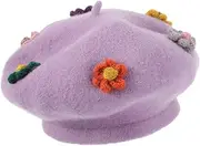 [Baluue] Wool Beret Hat with Flower Design Stylish Warm Hat for Spring Autumn and Fashionable Childrens Accessory