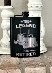 Liquor Hip Pocket Flask and Funnel, Engraved Trucker Retirement Drinking Gift
