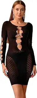 [Tender Whisper] Women's Sexy Dress Cut Out Front Bright Rhinestone Bodystocking Long Sleeve Fishnet Wrap-Around Hot Skirt