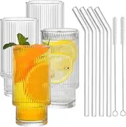 PAKCHOICE 4-Pack Ribbed Glassware Drinking Glasses Cups with Straws, Vintage Fluted Glassware Cups, Glass Tumbler for Cocktail, Wine, Whiskey, Iced Coffee, Tea, Soda and Beverage