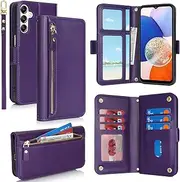 [SunYoo] for Galaxy A14 5G Case Leather Wallet with Card Holders Money Slots Wrist Strap for Women Men RFID Blocking Purse for Samsung A14 5G Zipper Coin Pocket Cover Kickstand Folio Flip Case Purple