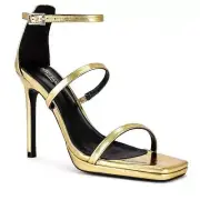 Tony Bianco Forza Strappy Sandals Stiletto Heels Square Toe Gold Foil Size 8.5