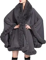 [Lisa Colly] Women's Winter Long Jacket Faux Fur Collar Cloak Shawls and Wraps Capes Knit Poncho Cloak Cardigan Coat