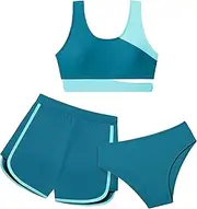 [NECIOUS] Girls Swimsuit Bikini Set, 3 Piece Girl Bathing Suits Color Block Cutout Swimwear with Shorts Size 7-14