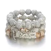 3Pc Elephant Charm Beaded Bracelet "LOVE" (Stretch Bracelet) Whites & Grays ~NEW