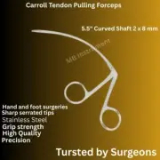 Carroll Tendon Pulling Forceps, 5.5", Curved Shaft, 2 x 8 mm Serrated, Premiumm