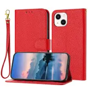 For iphone 14 Case, Litchi Grain PU Leather Folio Cover Magnetic Closure Flip Wallet Card Slots Stand Case With Hand Strap,Brown - Red