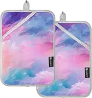 Pot Holders Sets Heat Resistant Colorful Rainbow Clouds Blue Potholders with Pockets Hot Pot Holder Pads Oven Mitts 2 Pack