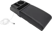 Car Center Console Armrest Pillow, Adjustable Length Armrest Box Cover with Cup Holder & USB Port, Universal Leather Arm Rest Protector Cushion, Auto Armrest Storage Box Extender