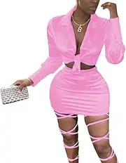 [LuFeng] Sexy Self Tie Front Long Sleeve 2 Piece Outfits Crop Top and Mini Bodycon Skirt Set