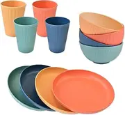 Tableware Sets, 12 Pcs Wheat Straw Dinnerware Set for 4, Reusable Cups Plates and Bowls Set, Unbreakable Camping Dishes, Lightweight Dish Set, Microwave and Dishwasher Safe, for Picnics, Salads